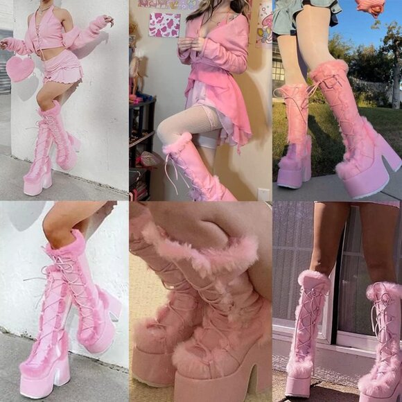 ⚡Womens Pink Synthetic Mid Calf Lace Up Chunky High Heel Warm Fur Snow Boots - Picture 5 of 6